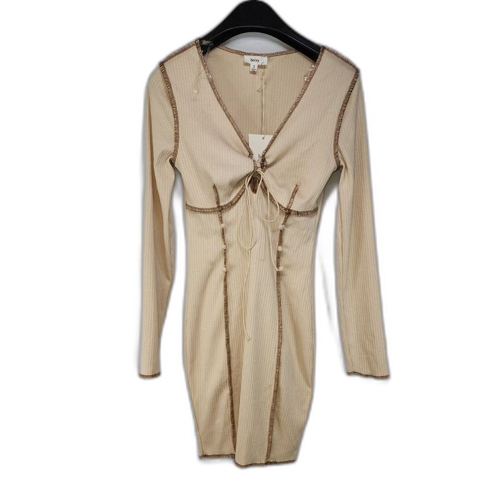 Beivy Tan Ribbed Lace-up Bodycon Dress Size S